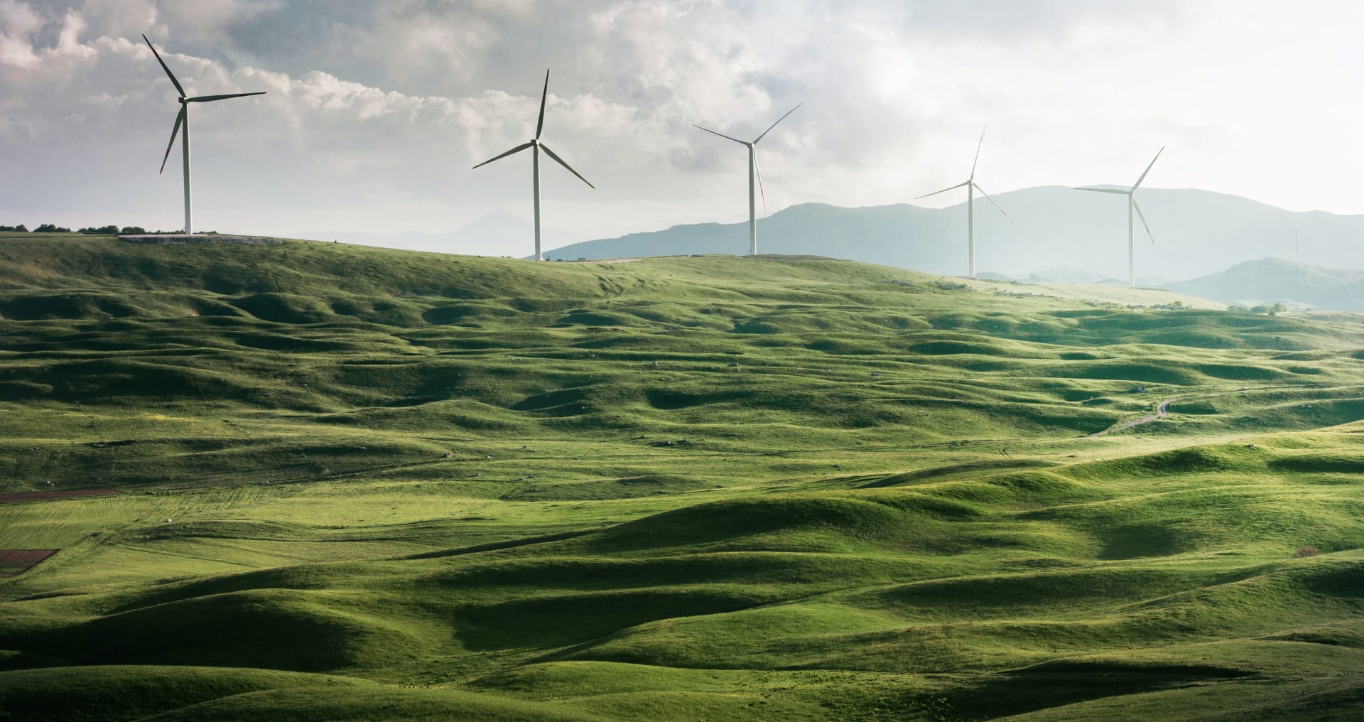 Wind turbines in a sunny, hilly, green field