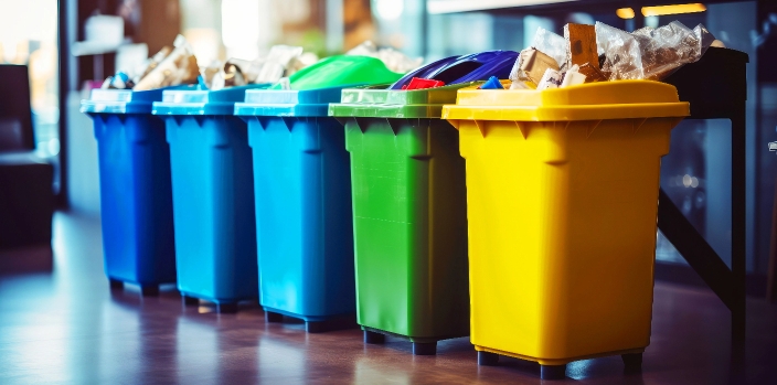 Trash cans in various colors displaying different types of waste in separate cans.